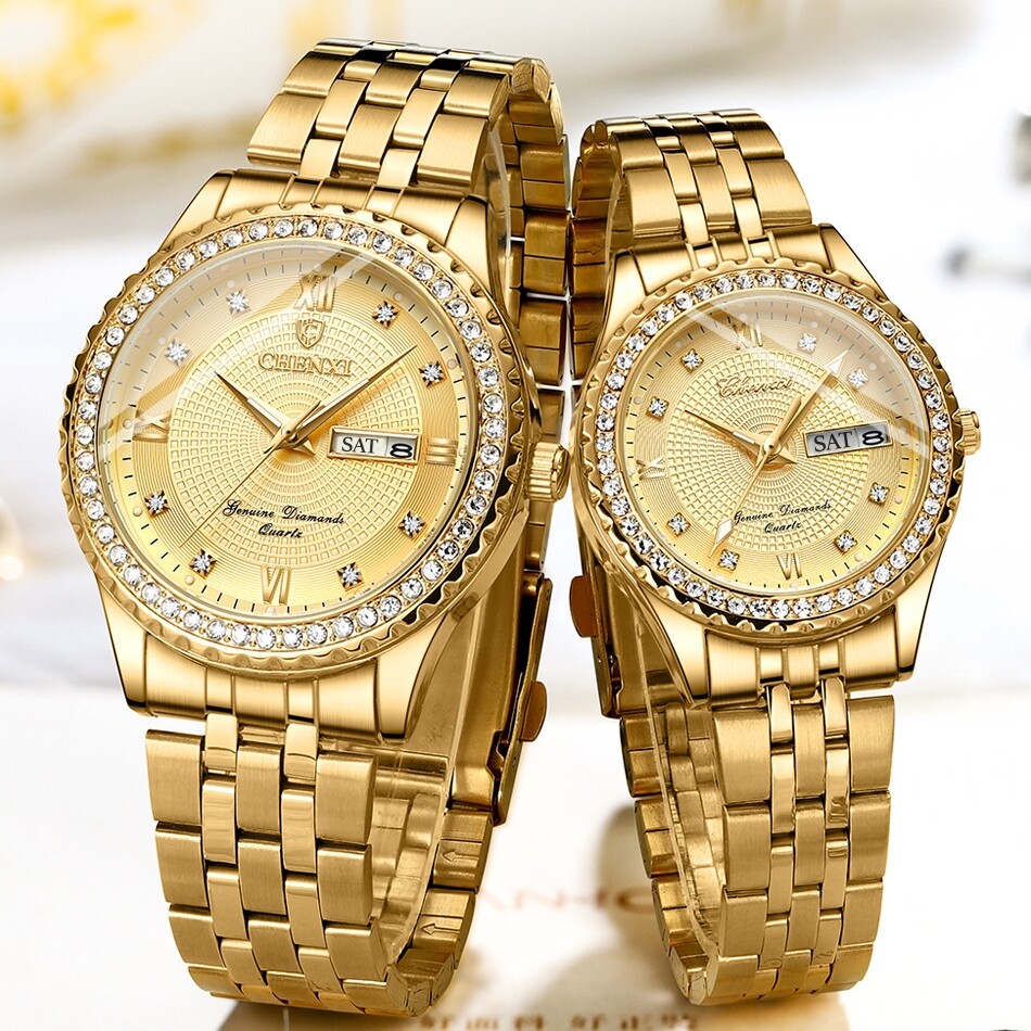 30m (3 atm) Water Resistance Gold Crystal Luminous Men/Woman Couple Quartz Watch