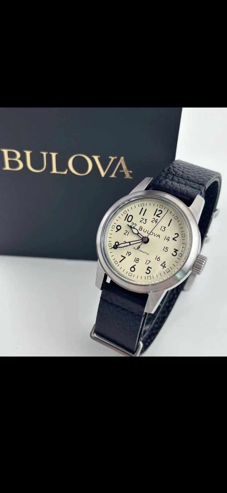 NEW✅AUTOMATIC✅ Bulova Hack Cream Dial Black Leather Strap Men’s Watch 96A246