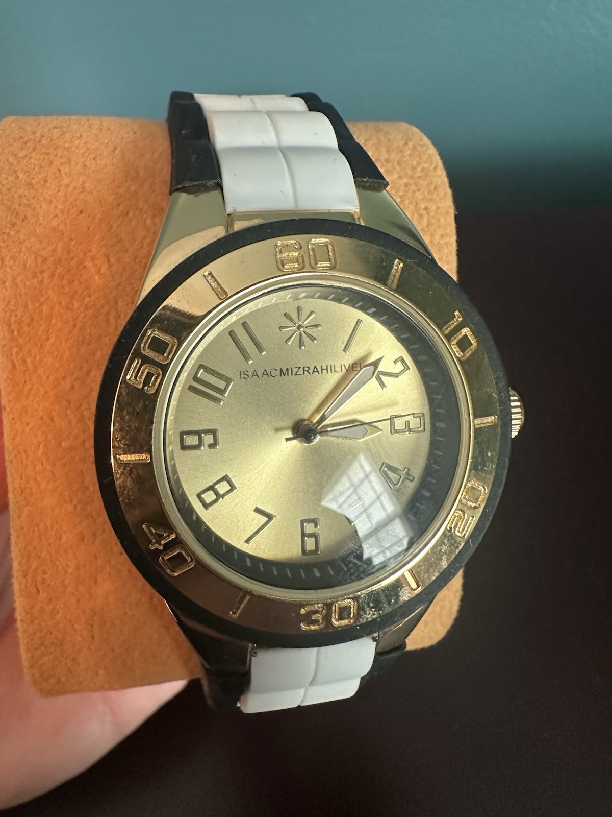 Isaac Mizrahi Live! Gold Tone Quartz Analog Watch White/Black Rubber Strap