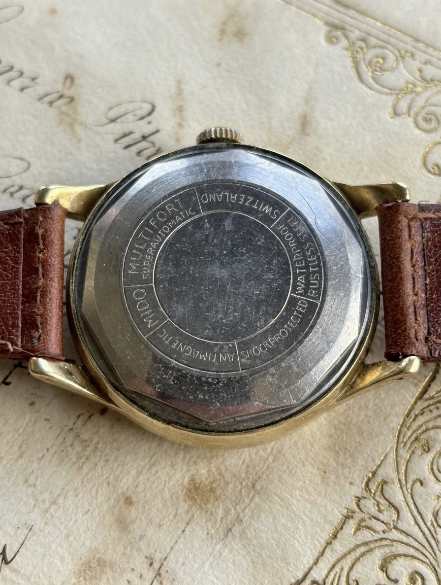 Mido Multifort Powerwind “SCALLOP DIAL” 17J Swiss Vintage 1950s Gold Dial