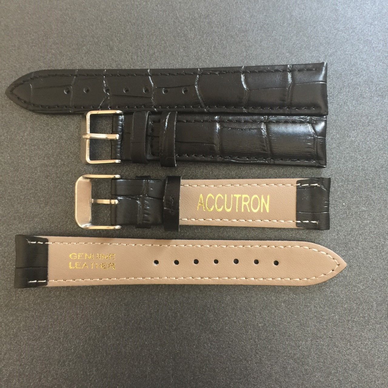 1 X18MM BLACK GENUINE LEATHER BAMBOO GRAIN SILVER BUCKLE BAND FOR ACCUTRON WATCH