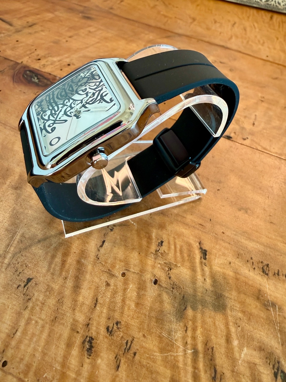 Brand New Arabic Calligraphy Watch Square Stainless Steel Case Silicone Band