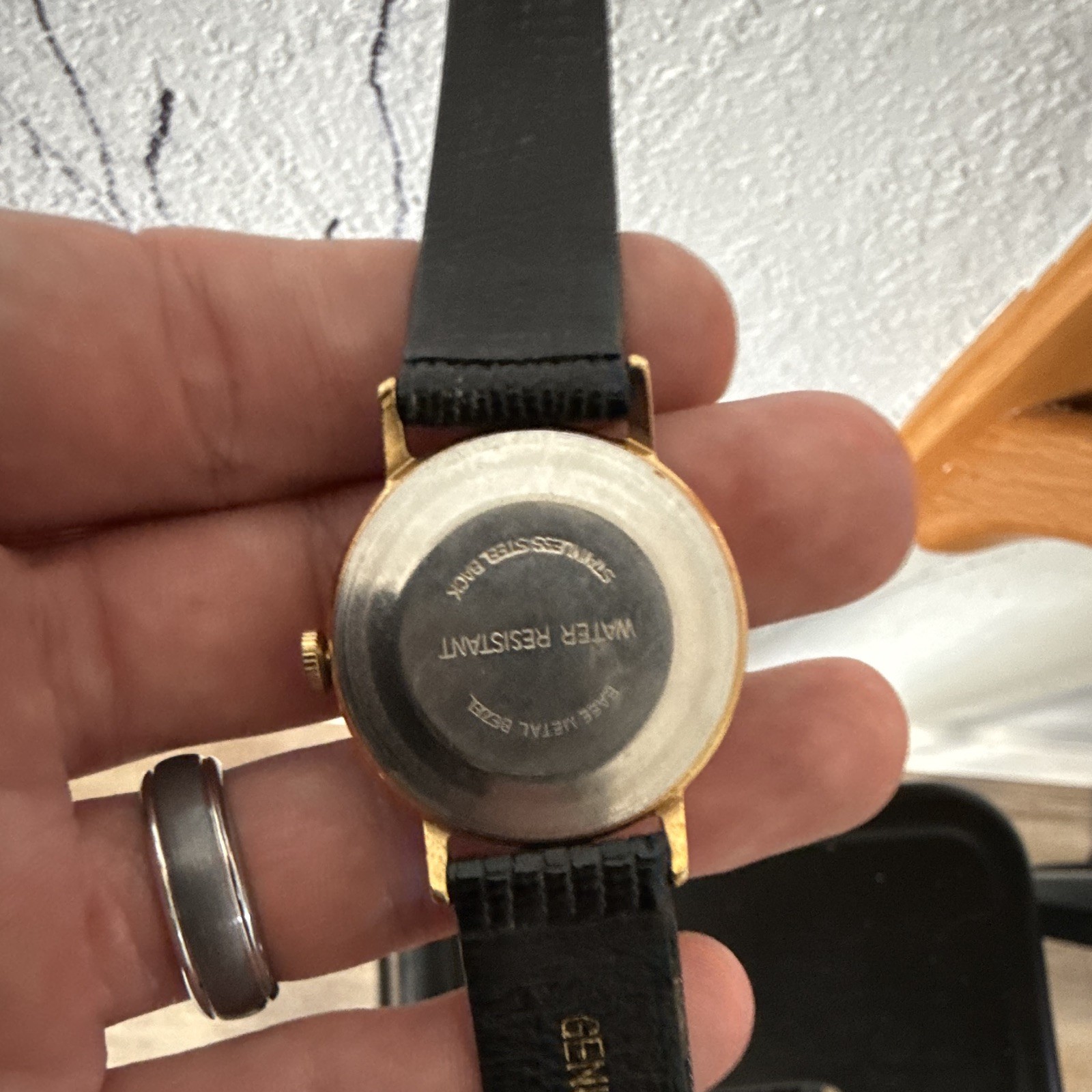 Timex Water Resistant Quartz Analog Watch Gold Tone Case Black Leather Strap