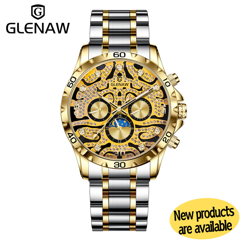 GLENAW Tiger dial rhinestone scale gold 12-hour week mechanical men’s watch