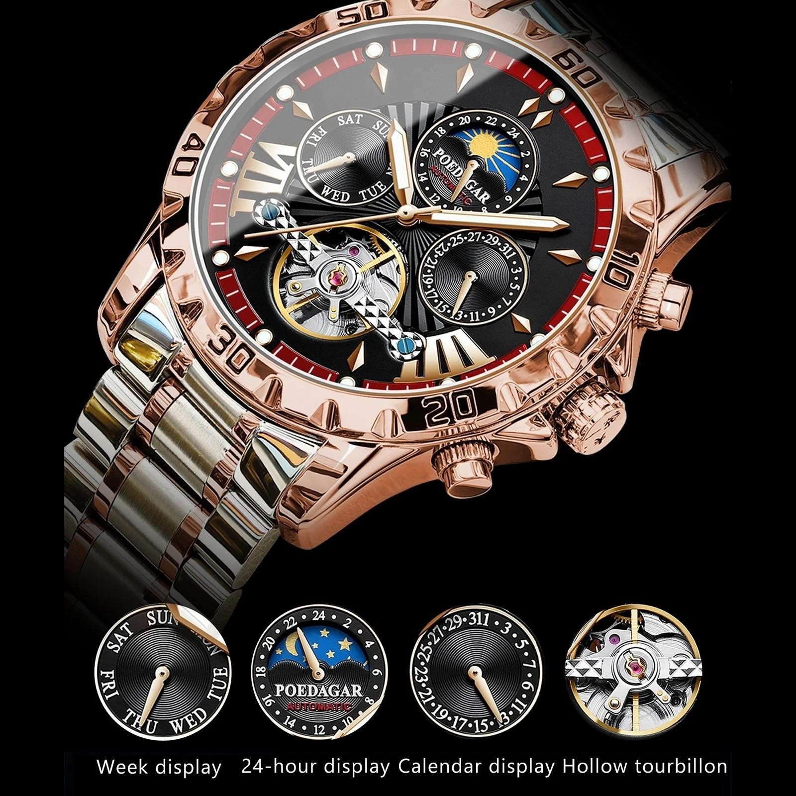 43MM POEDAGAR Automatic Luxury Watch Men’s Waterproof Stainless Steel Analog NEW