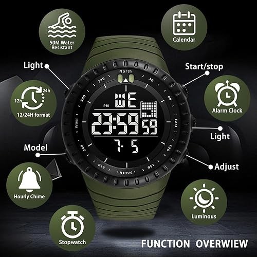 Men’s Digital Sports Watch Waterproof Military Tactical LED Alarm, Backlight