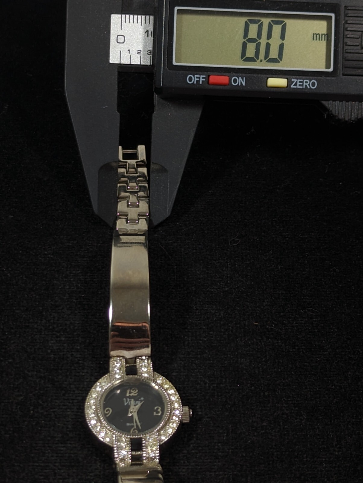 Vivani Black Dial Crystal Accent Round Case Bar Bracelet Band Watch 6.75 In