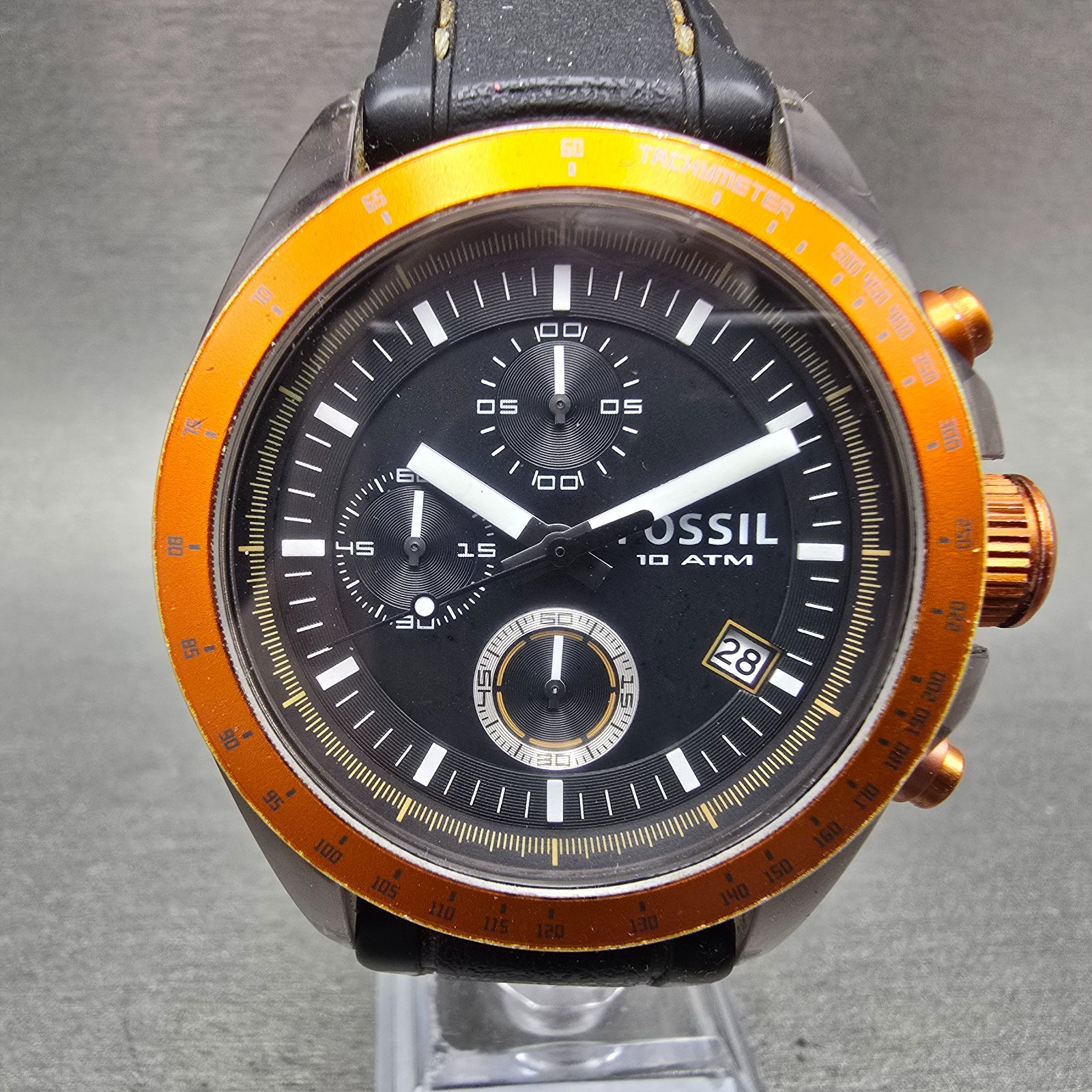 Fossil Chronograph Watch Men 43mm Black Dial Gray Tone Orange CH-2785 New Batt Q