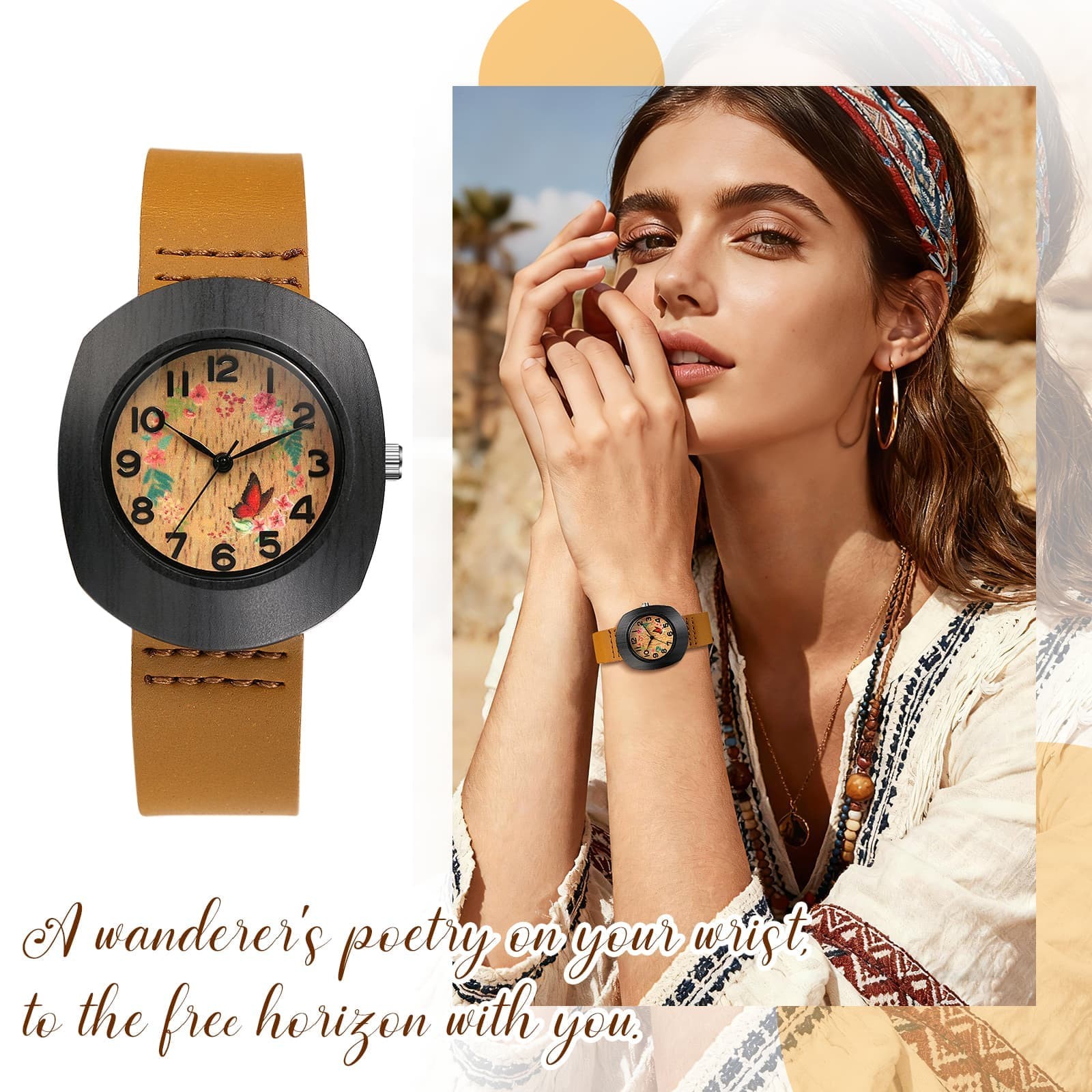 Women’s Floral Barrel Case Arabic Numeral Dial Genuine Leather Band Wrist Watch