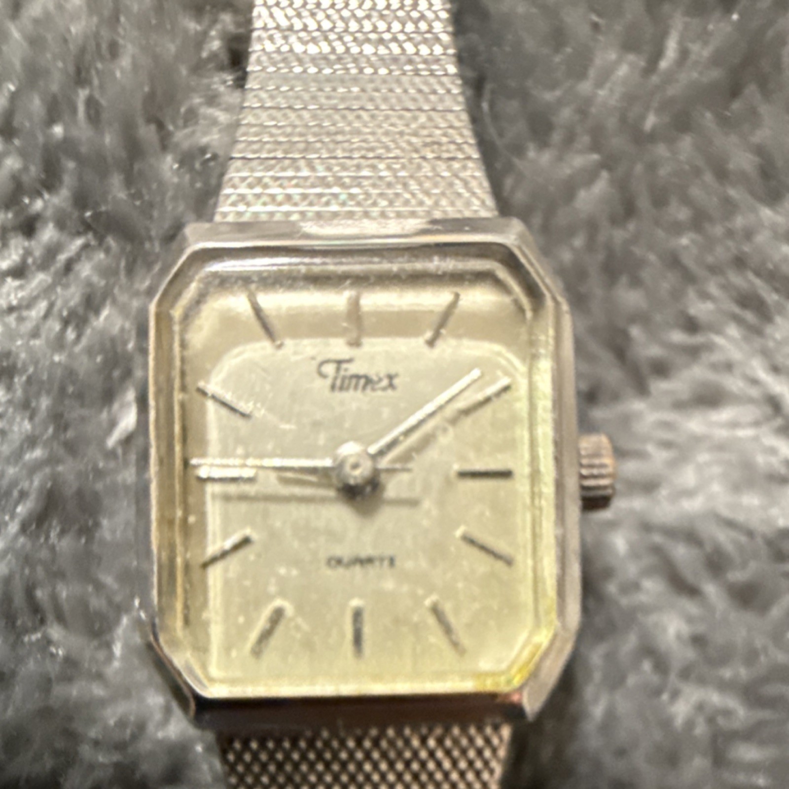 Timex Quartz Analog Wristwatch Silver Mesh Band Stick Indexes Rectangle Dial