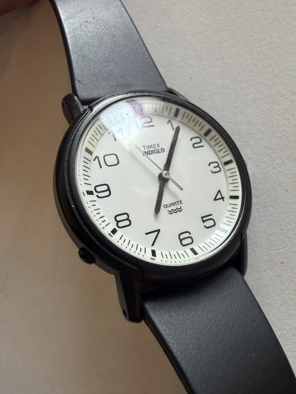 Timex Indiglo Quartz Analog White Dial 34mm Black Plastic Strap Water Resist