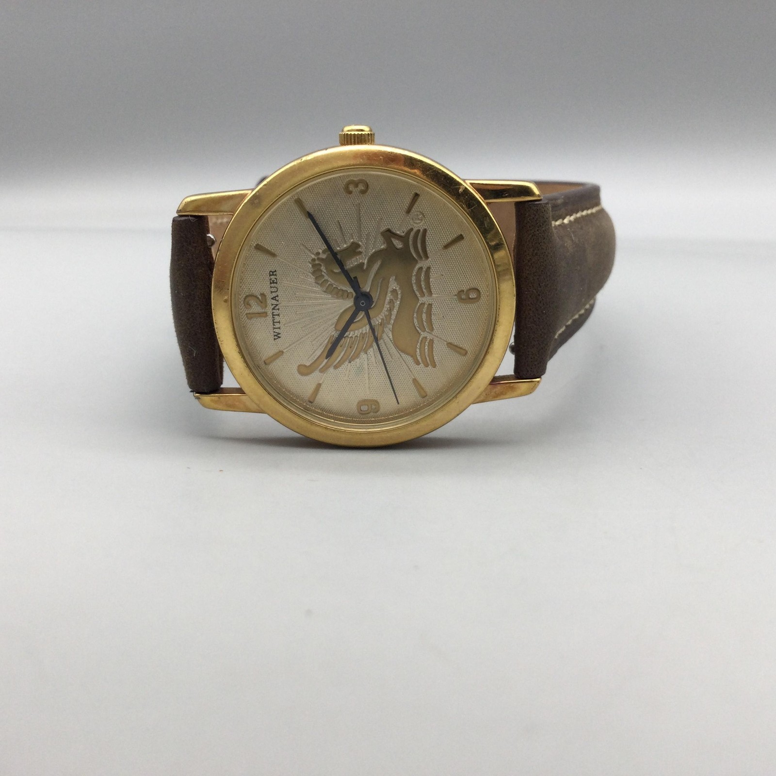 Wittnauer Womens Watch 30mm Gold Tone Pegasus Dial Brown Leather New Battery