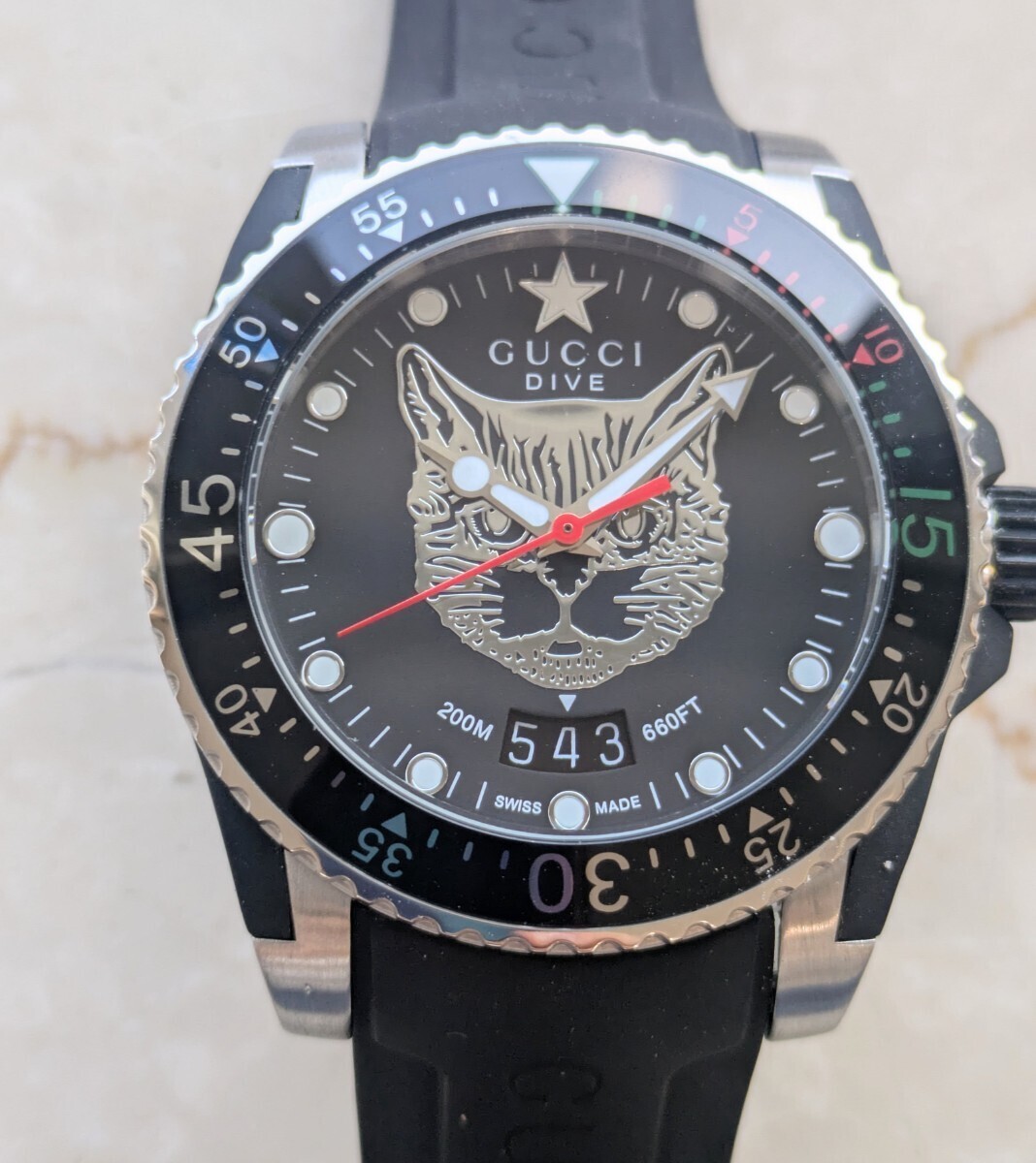 [B1P] GUCCI Watch G Timeless DIVE Cat Black YA136322 Rubber [m4z]