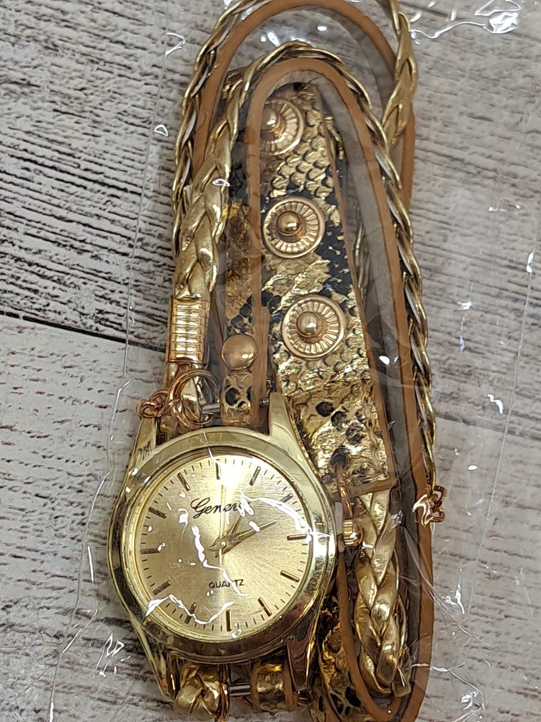 Geneva Women’s Watch Button Snap Multi Braid Snake Skin Gold Tone Bracelet Band