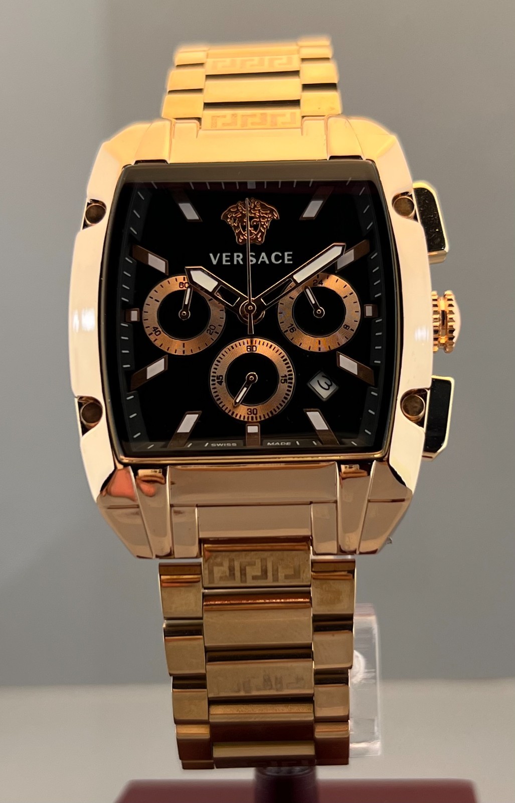 Vintage Men’s Versace Dominus Chrono Quartz Black Dial Rose Gold-Plated Watch