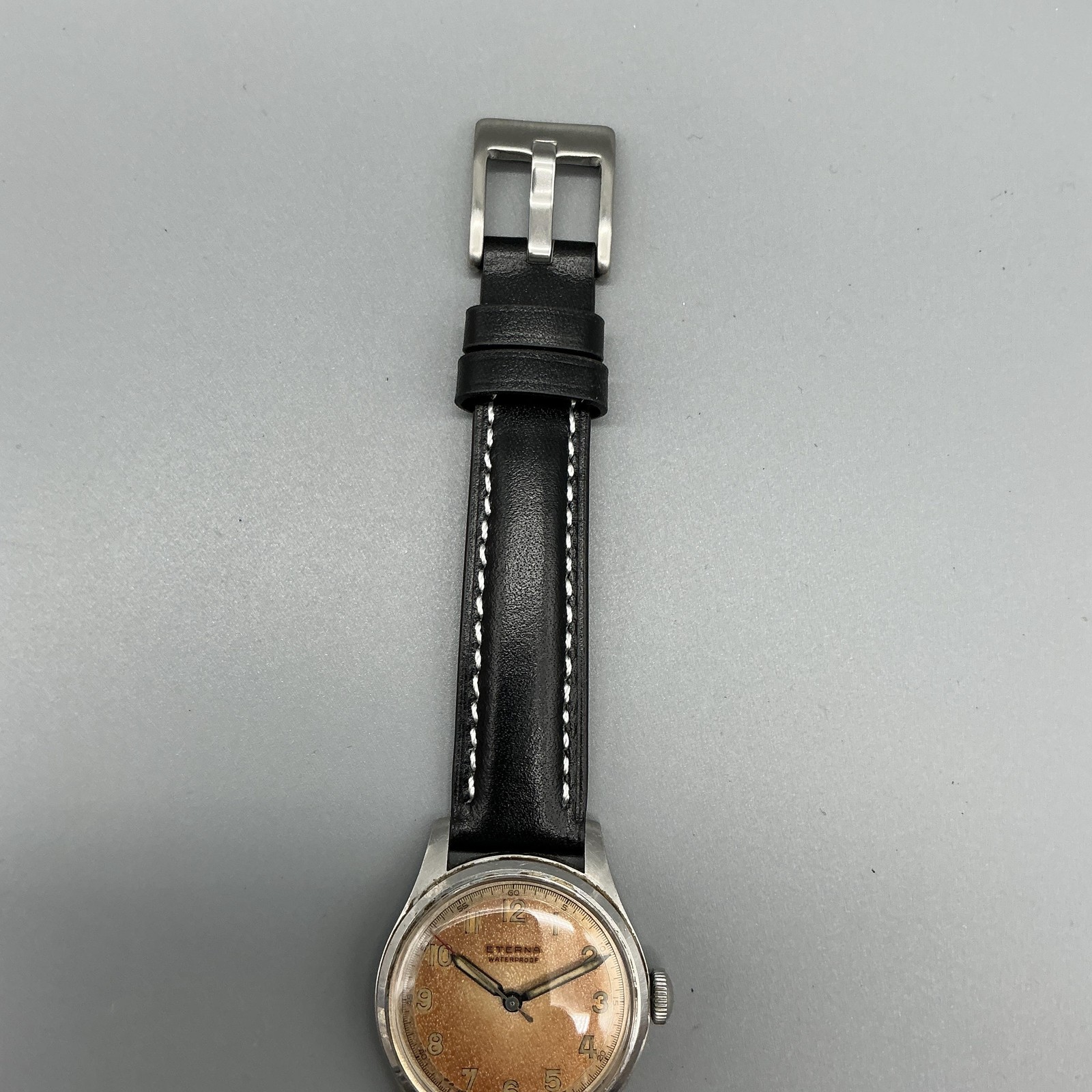 Vintage Eterna Mens Watch 30mm Patina Dial Stainless Black Leather Manual Wind