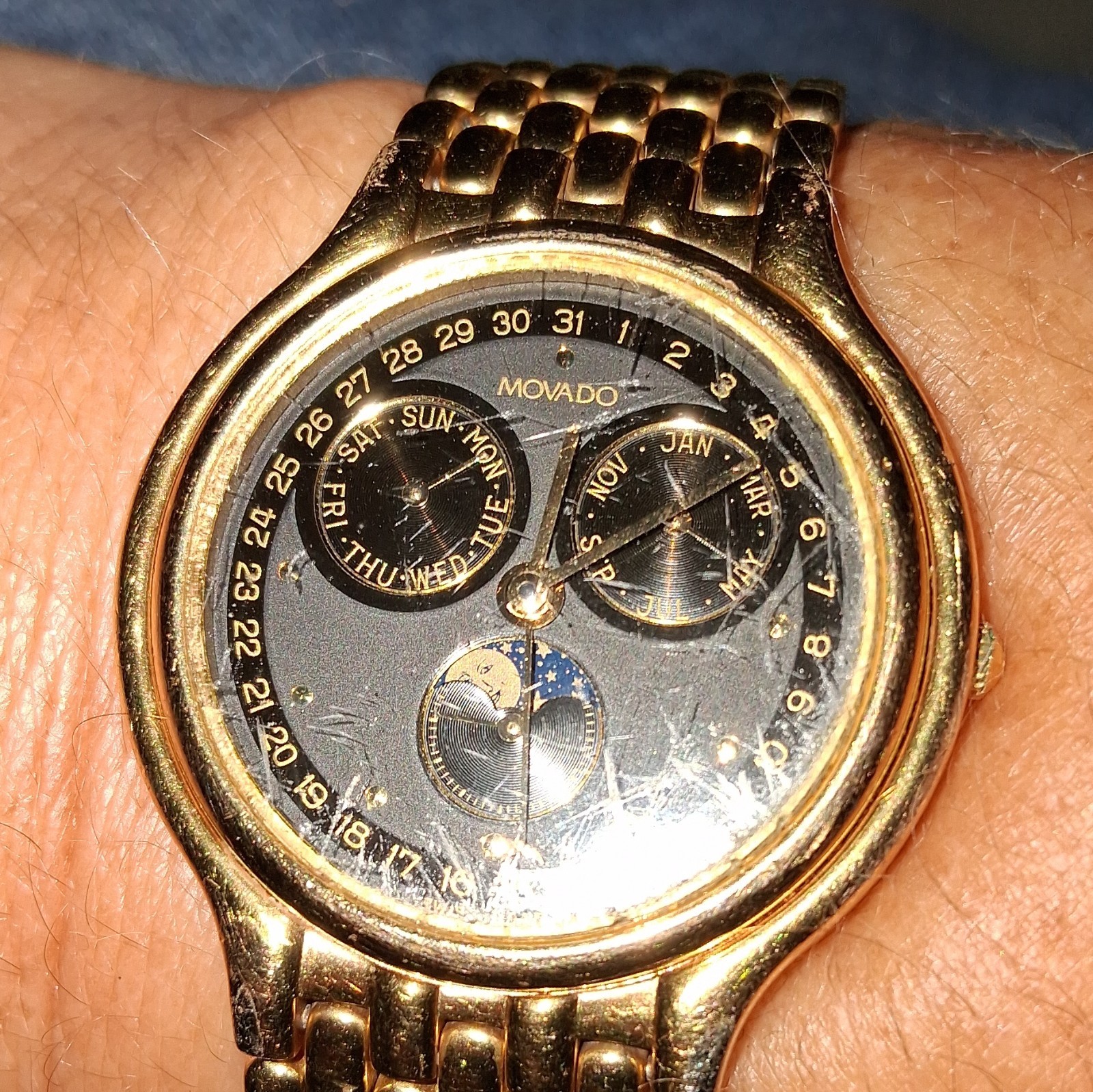 Movado Museum Quartz Moon Phase Day Date Month Black Dial Two-Tone Bracelet
