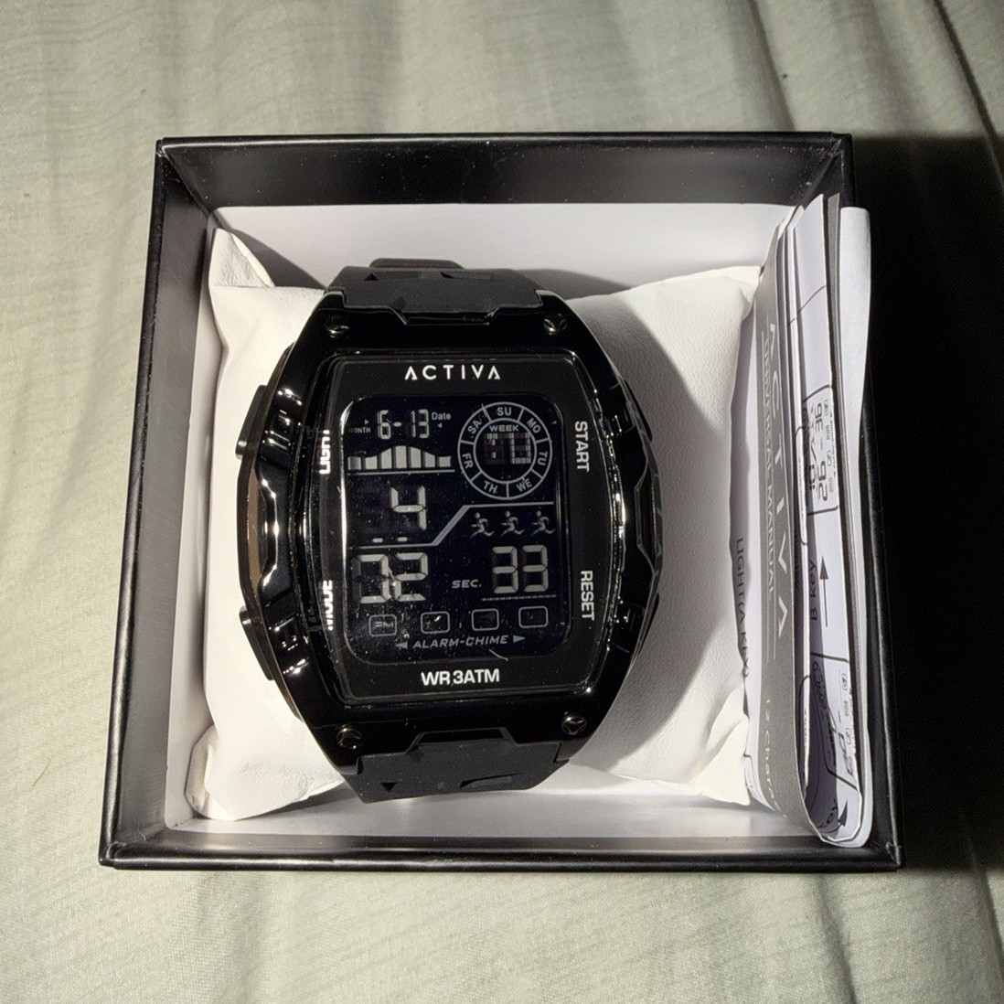 Activa Men’s Sport Digital Quartz Watch Black Rubber Strap 30m WR Box Manual