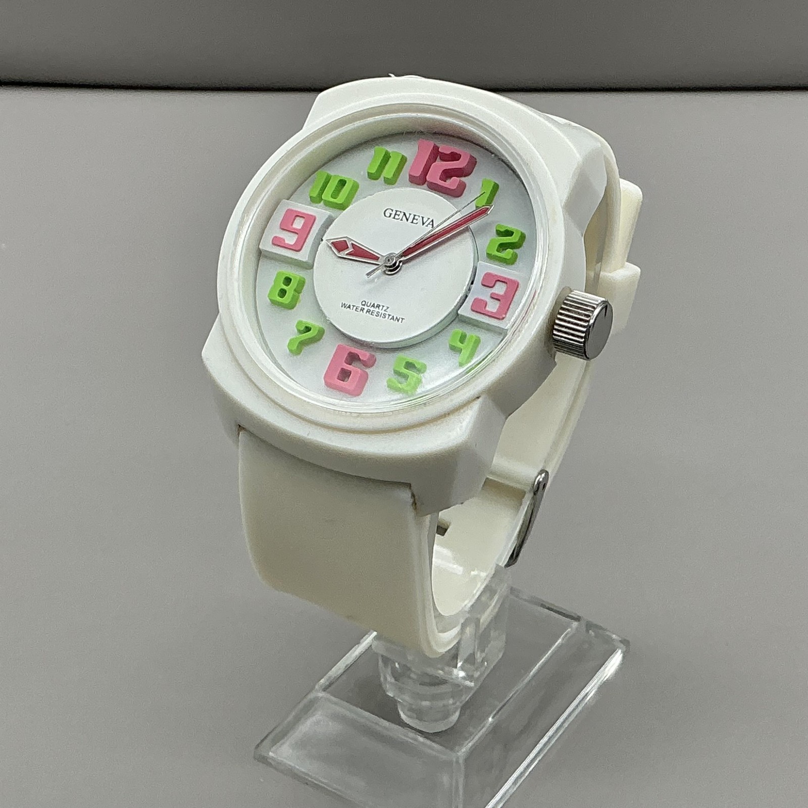 Geneva Womens Watch White Silicone Strap Multicolor Dial Quartz NEW BATTERY