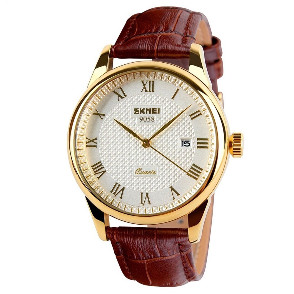 Men’s Quartz Wristwatch – Roman Numerals, Leather Band, Water Resistant, Casual
