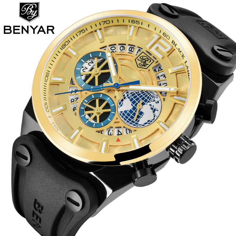 Luxury BENYAR 5141M Men Quartz Watch Chronograph Date Waterproof Rubber Leather
