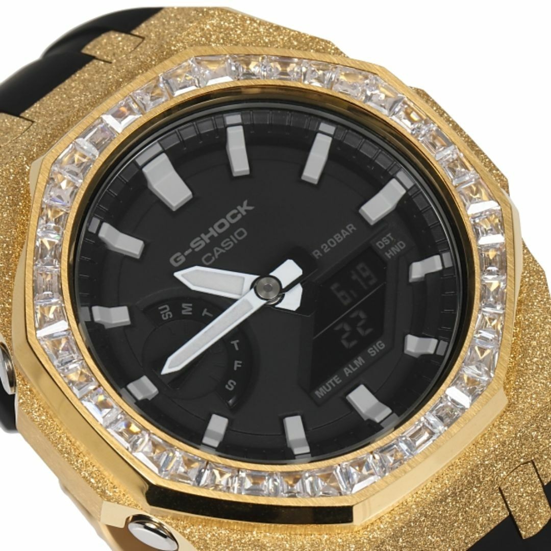 G-Shock GA2100 GARISH Metal Custom Frosted Gold Rubber Band Baguette CZ Bezel Ca