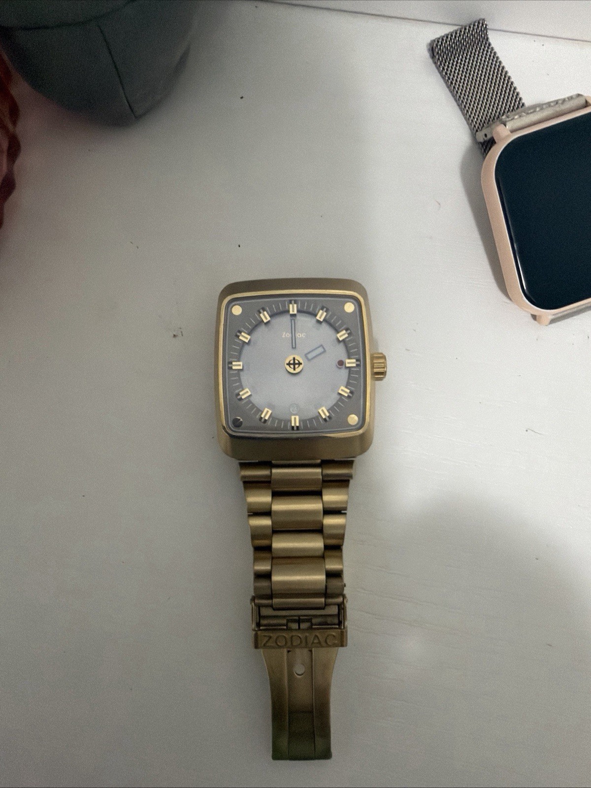 Zodiac Men’s Square Quartz Watch Date Gray Dial Gold Stainless Bracelet 100m