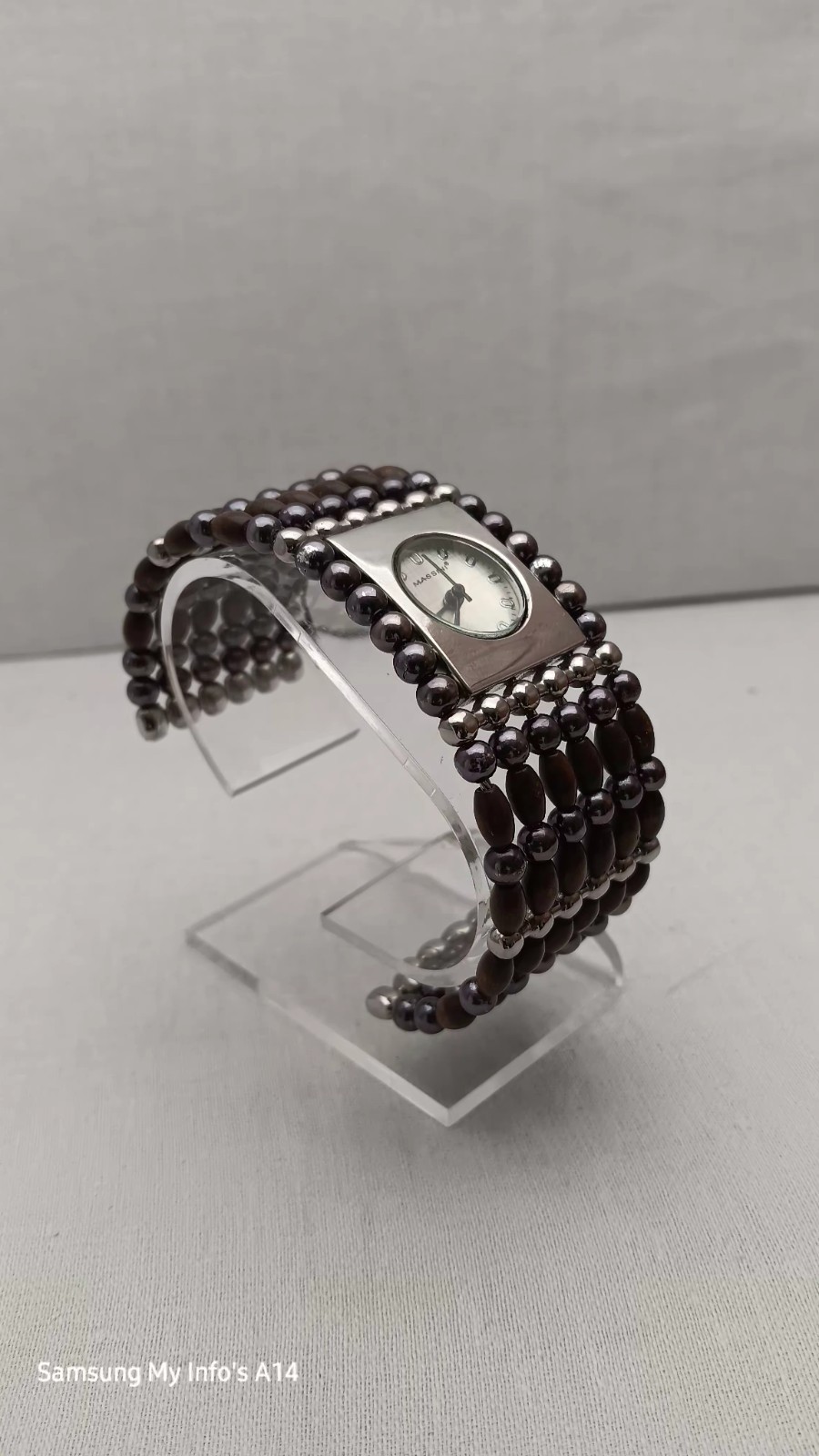 MASSINI WATCH SILVER BALLS & BROWN WOODEN BEADS CUFF BAND. NEW BATTERY.