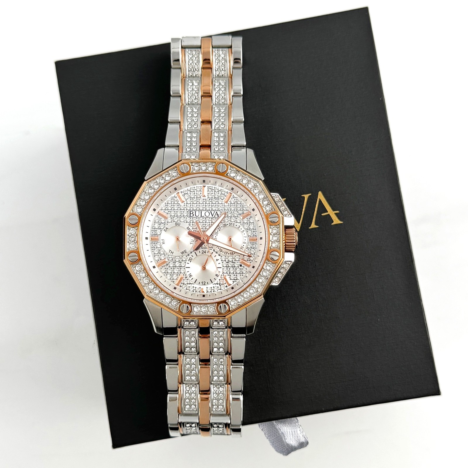 Bulova Crystal Octava 98C133 Quartz Rose Gold Dial Stainless Men’s Watch 41.5mm