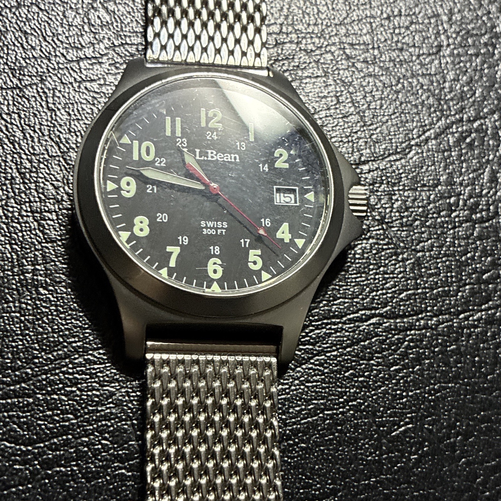 L.L.Bean Swiss Quartz 300 ft Black Dial Date Wristwatch w/ Silver Mesh Band