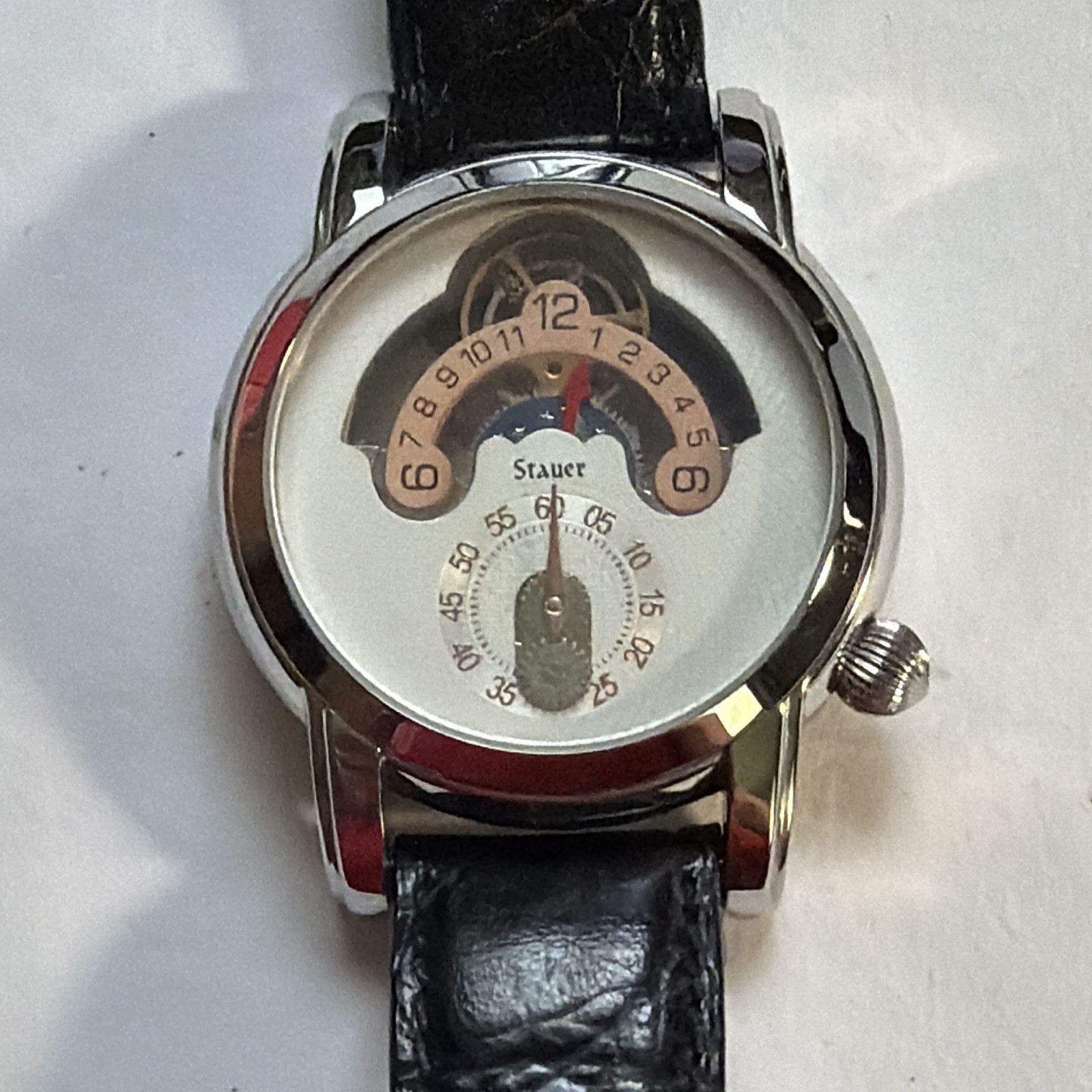Stauer Magnificat II Automatic Silver/White Arabic Dial Black Leather Strap