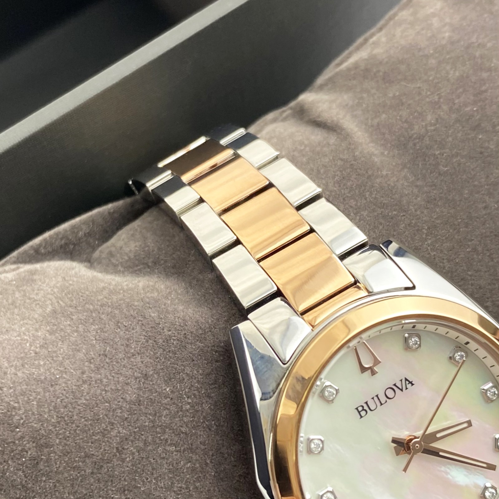 Bulova Surveyor 98P207 Womens Watch Mother of Pearl Dial Rose Gold Tone Strap