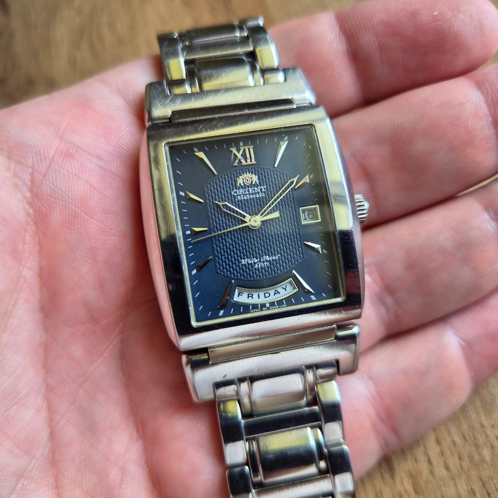 Orient President square watch Day date Automatic mechanical Japan blue watch