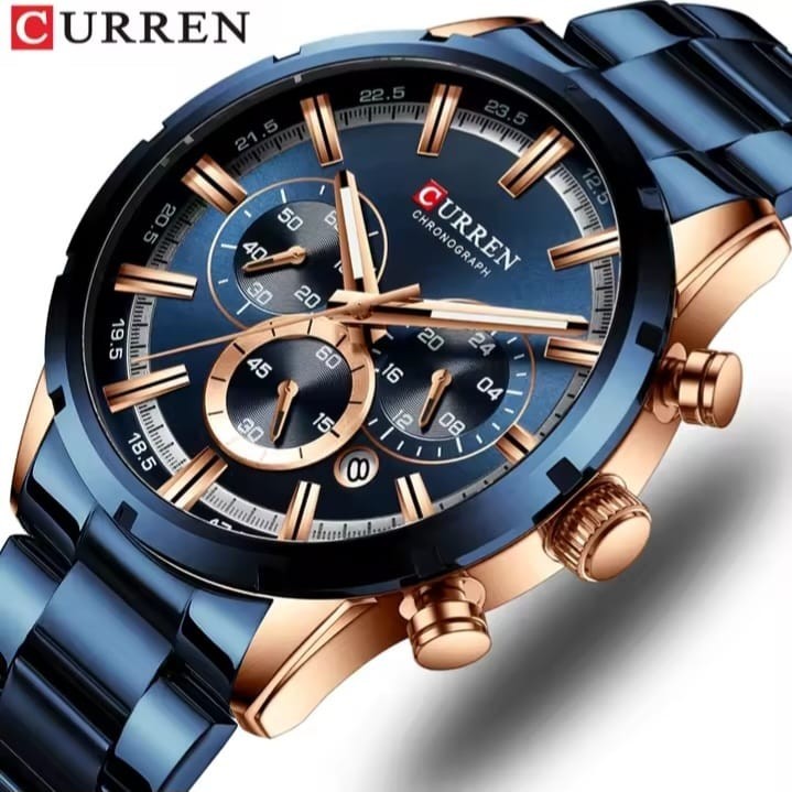Blue Dial Men’s Quartz Watch Stainless Steel Band Date Display Waterproof Busine