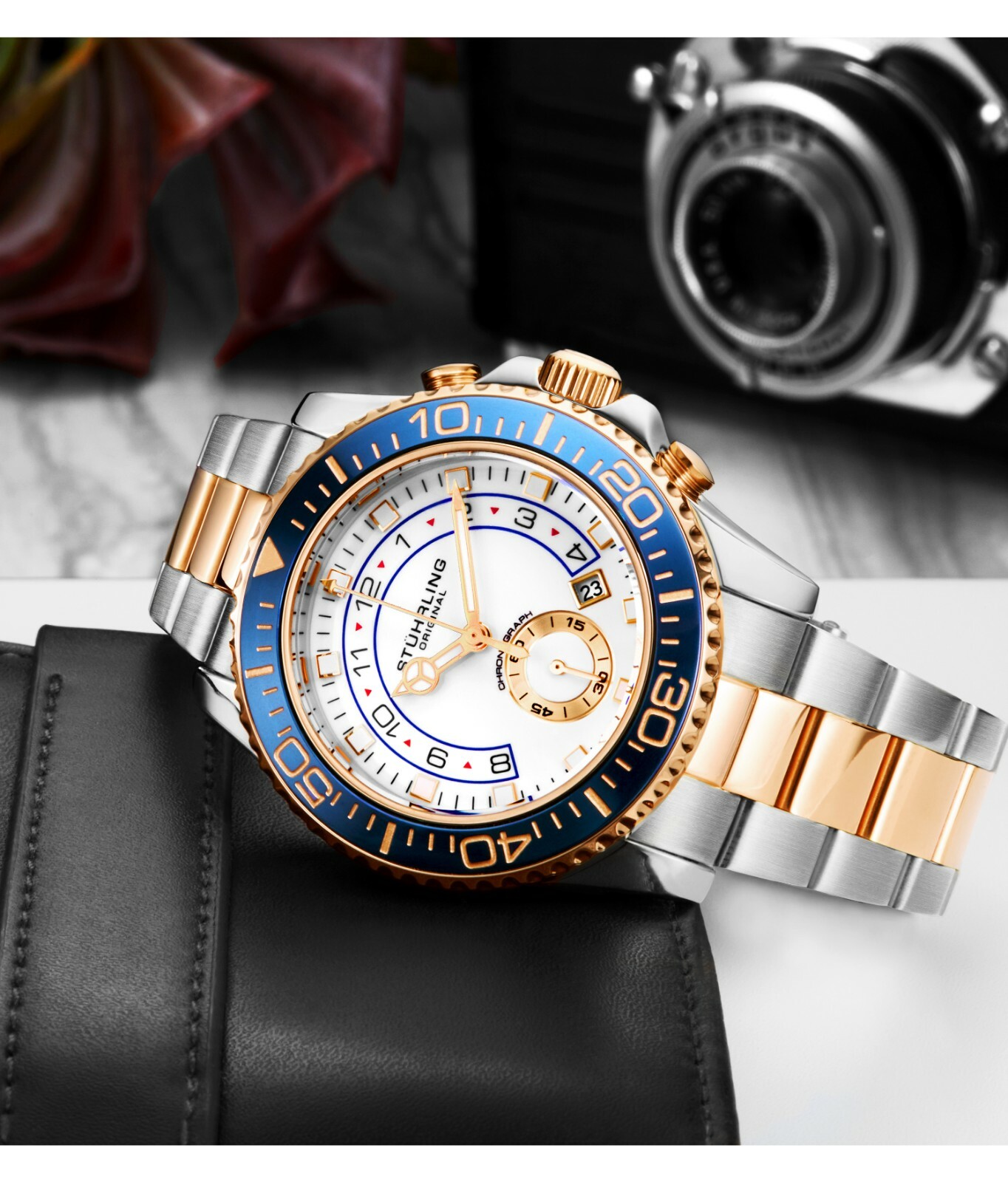 Stuhrling Men’s Chronograph Diver White & Rose Blue Bezel Silver & Rose Watch