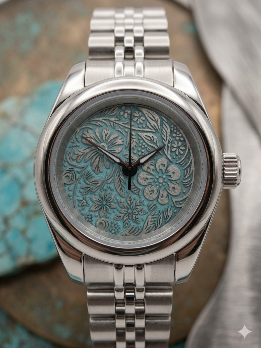 Small Case Automatic Watch, Turquoise Floral Engraved Dial, Stainless Steel