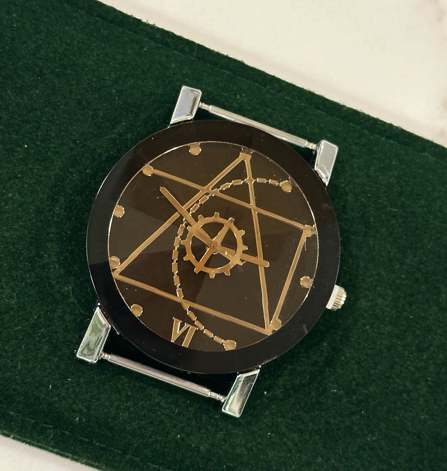 Geometric Moving Gear Black/Gold Tone Faceted Crystal 40mm Watch x2, NOS*