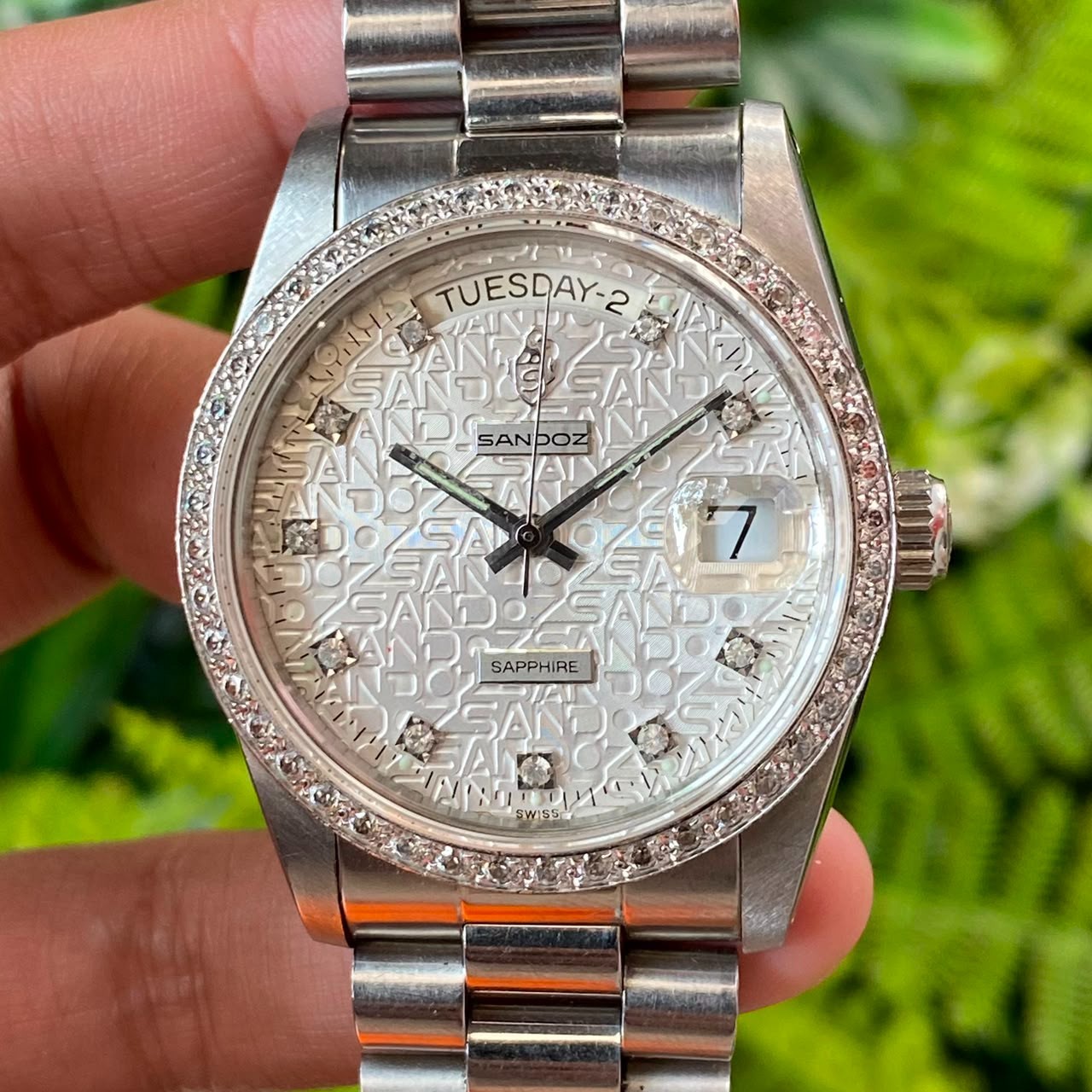 RARE Sandoz President Computer Dial White Dial Diamond Automatic Day Date Watch