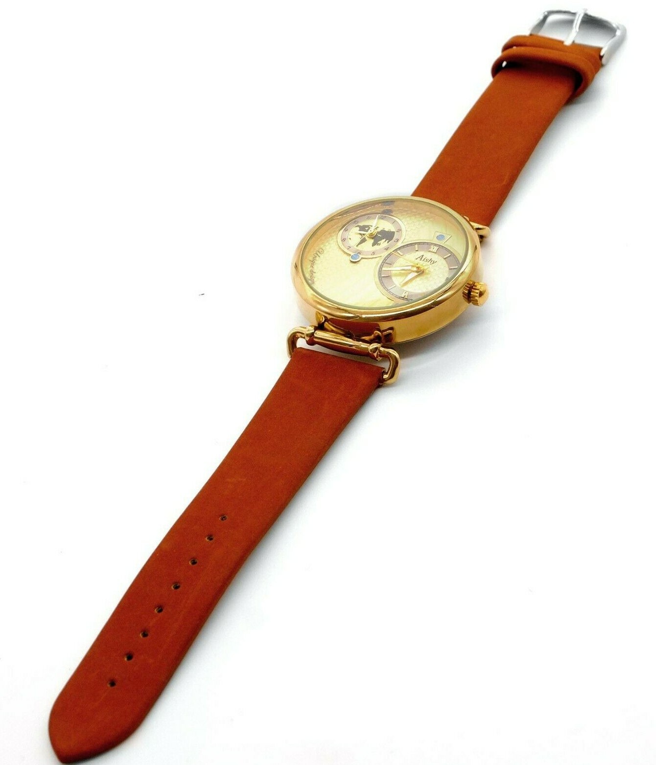 World Charterer Unisex Gold Watch Brown Leather Strap Sporty Classic Style