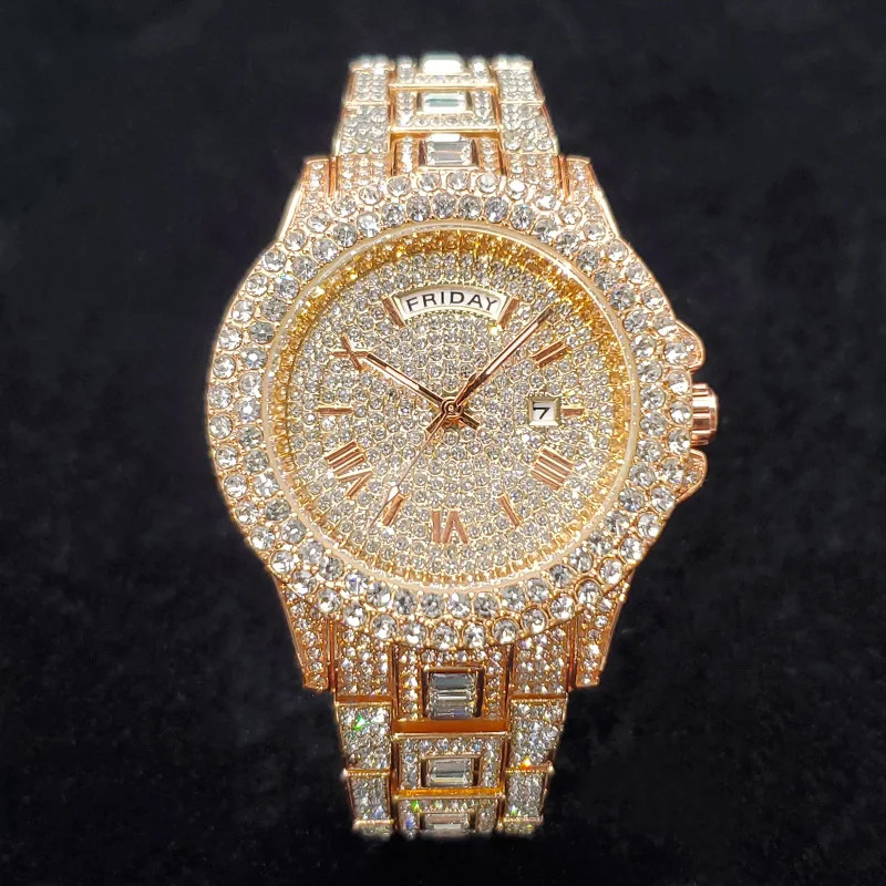 Luxury Iced Out Diamond Watch Men’s Bling Day Date Gold Steel Quartz Hip Hop