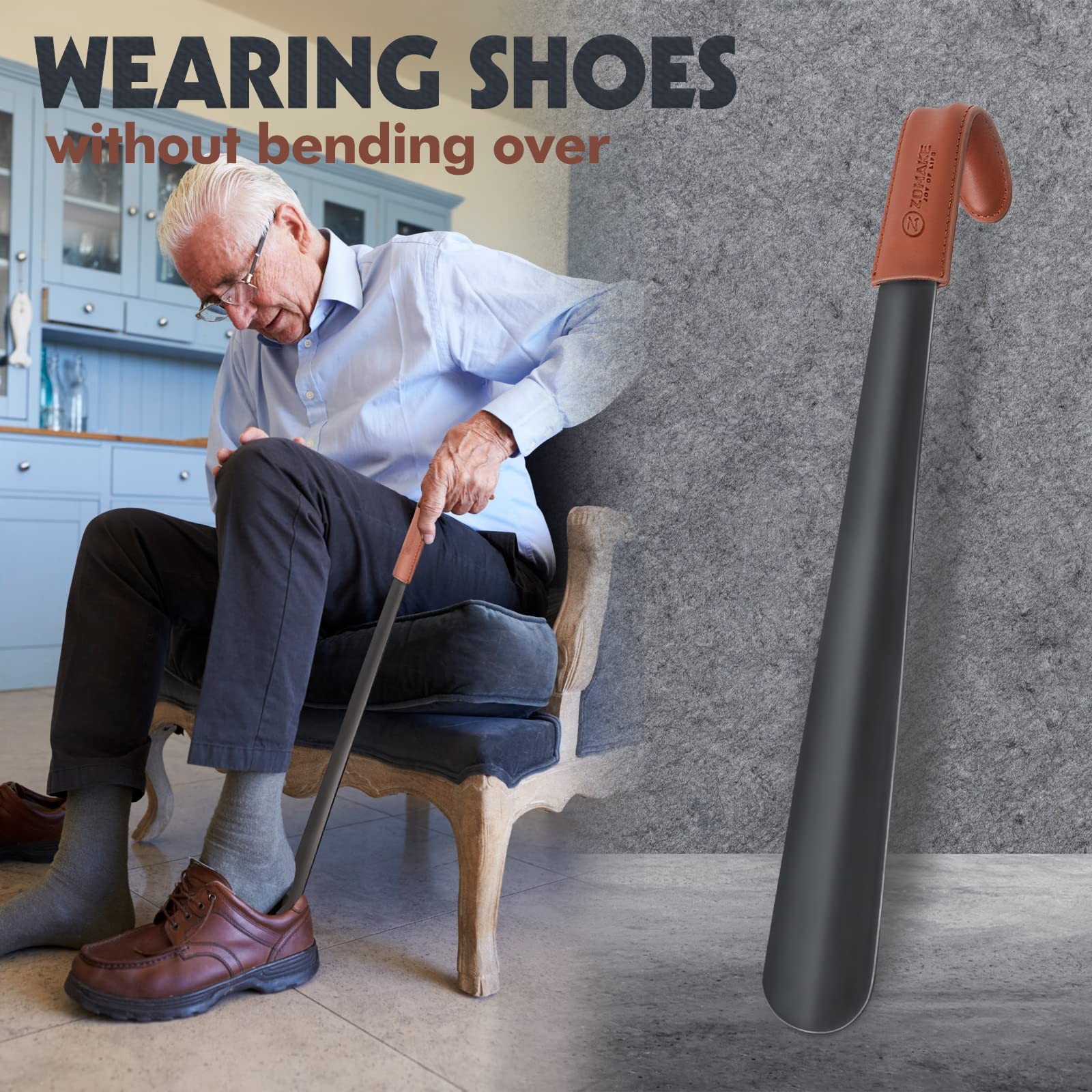 ZOMAKE Metal Long Handle Shoe Horn for Seniors, Men, Women, Boots – 16.5″