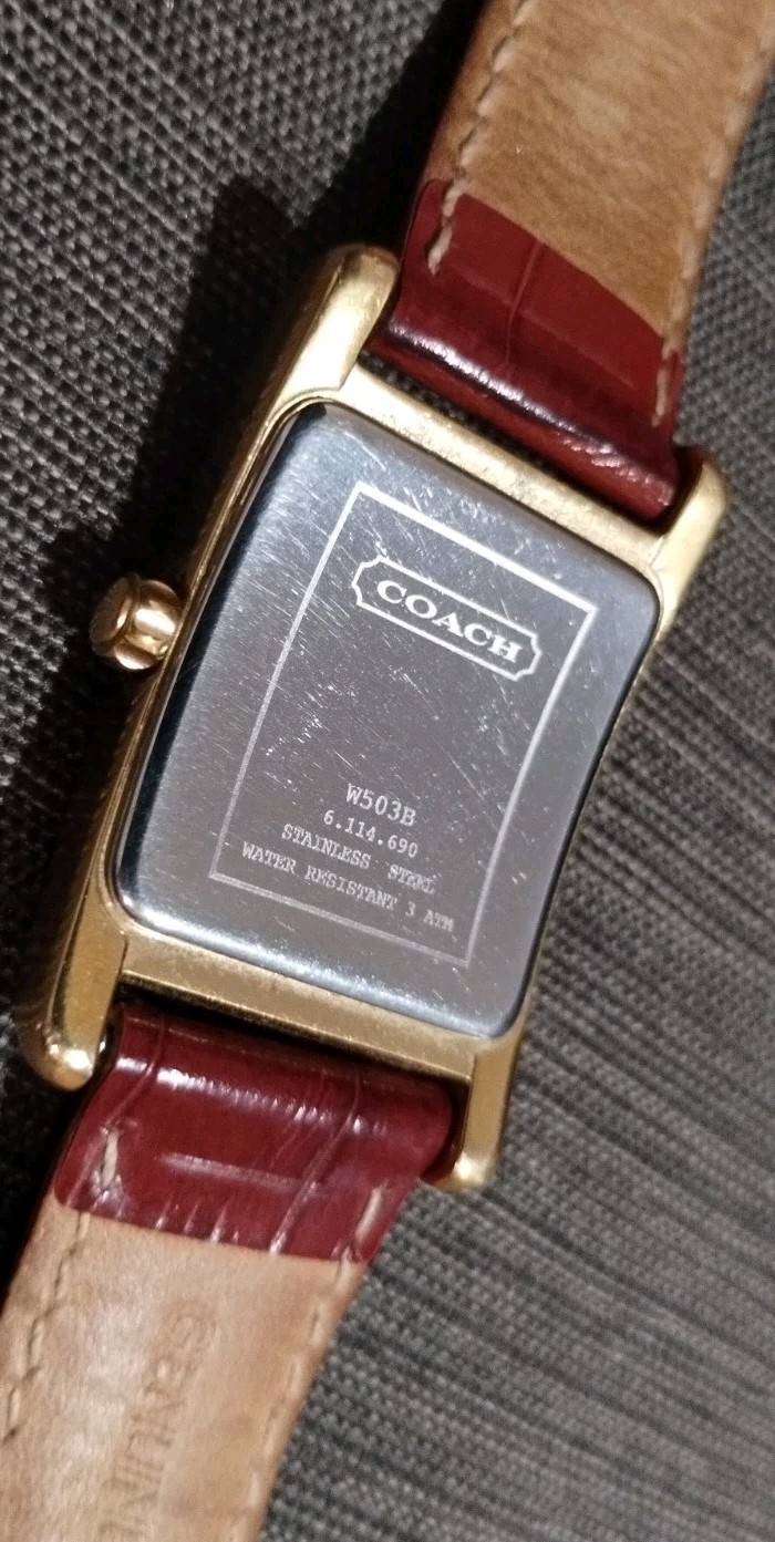 Coach Tank Style Quartz Watch W503B Date Window Brown Crocodile Embossed Leather