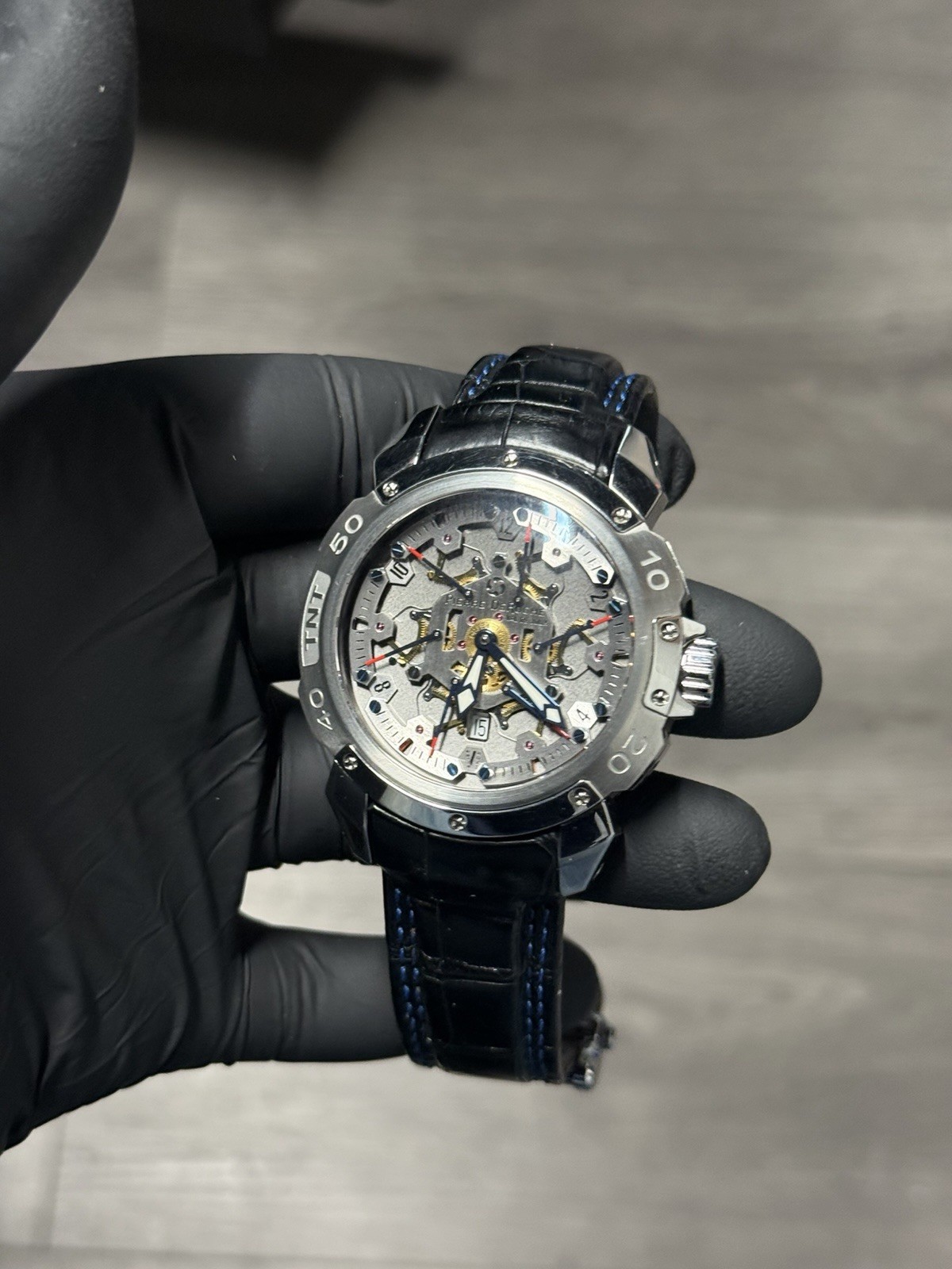 Pierre DeRoche TNT 47.5 mm ROYAL RETRO Skeleton 100m Leather Strap