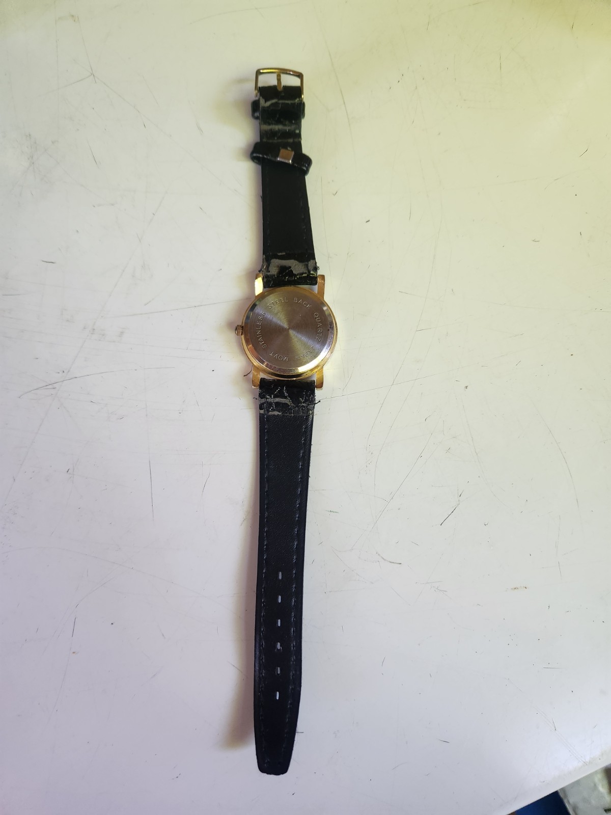 Diamond Quartz Diamond Accent Quartz Analog Watch Black Dial Gold Case Leather