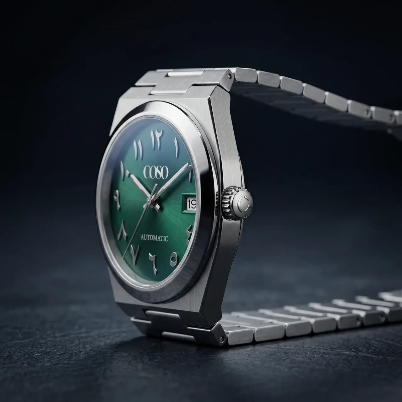 COSO Tolaris Automatic Watch Green Dial Eastern Arabic Numerals Steel Bracelet