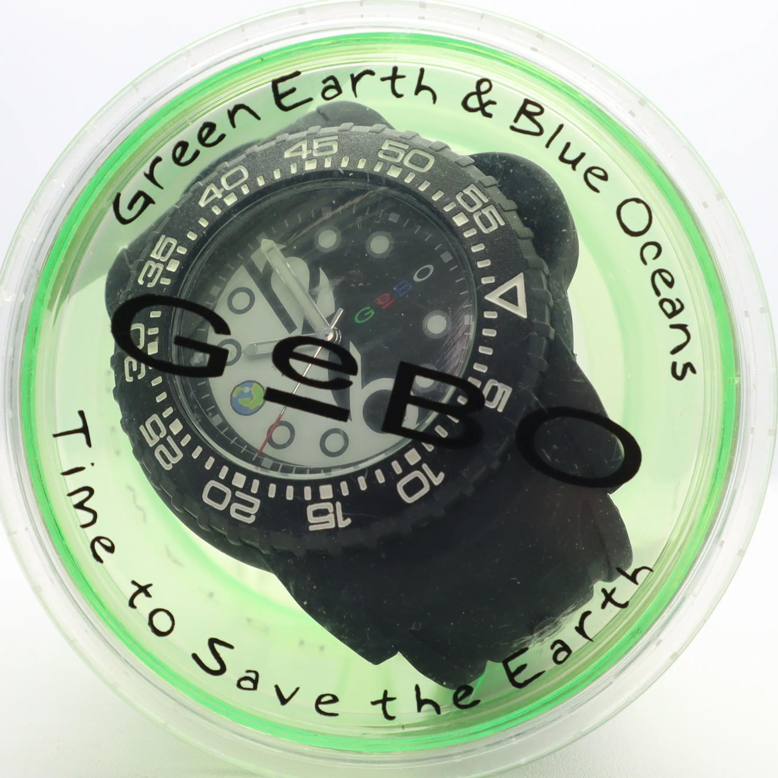 NOS GeBO 46mm Plastic Rubber Steel Black Yin Yang Dial Unisex Quartz Watch