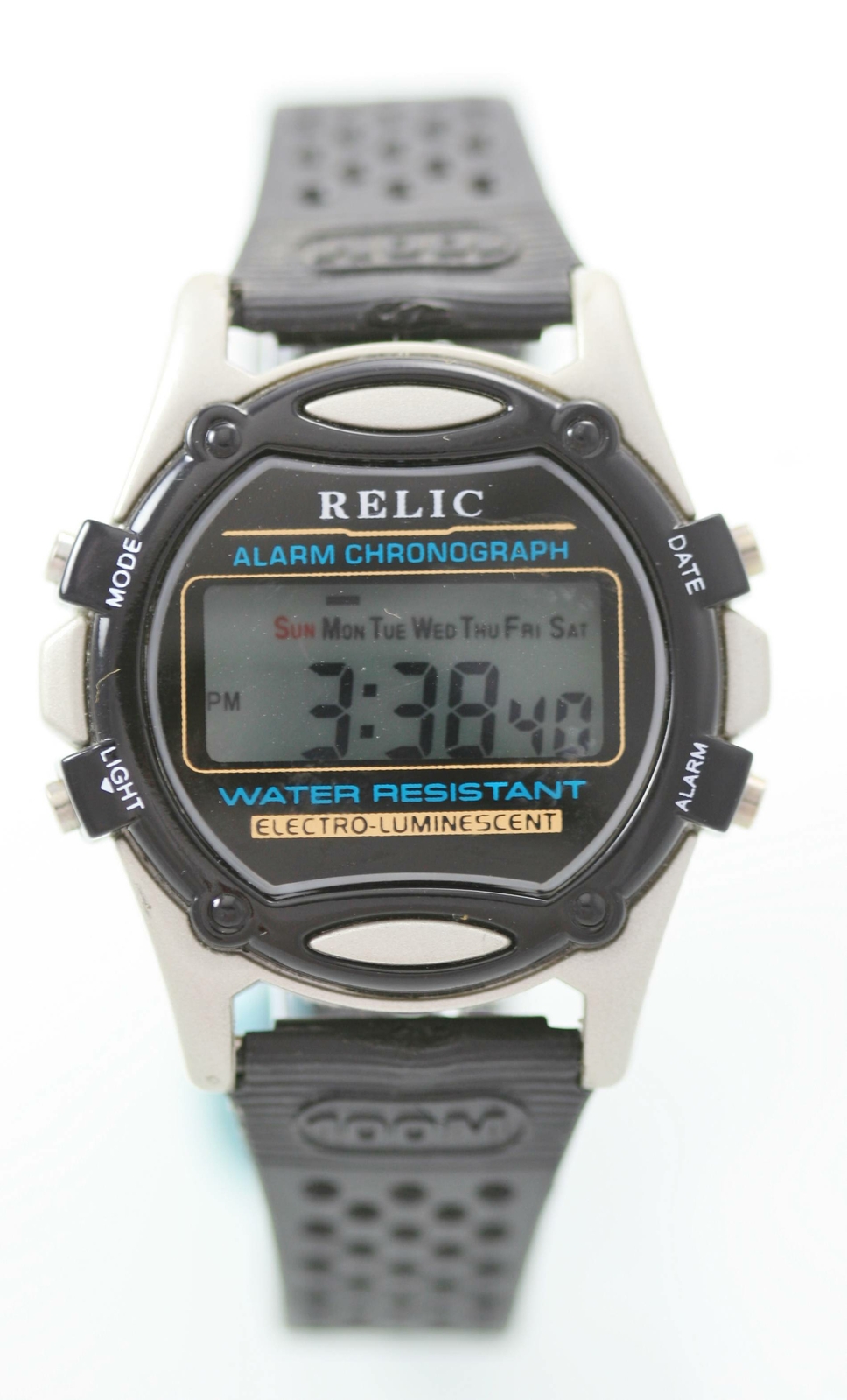 Relic Men Watch Black Rubber Silver Plastic Day Date Month Light Water Re Quartz