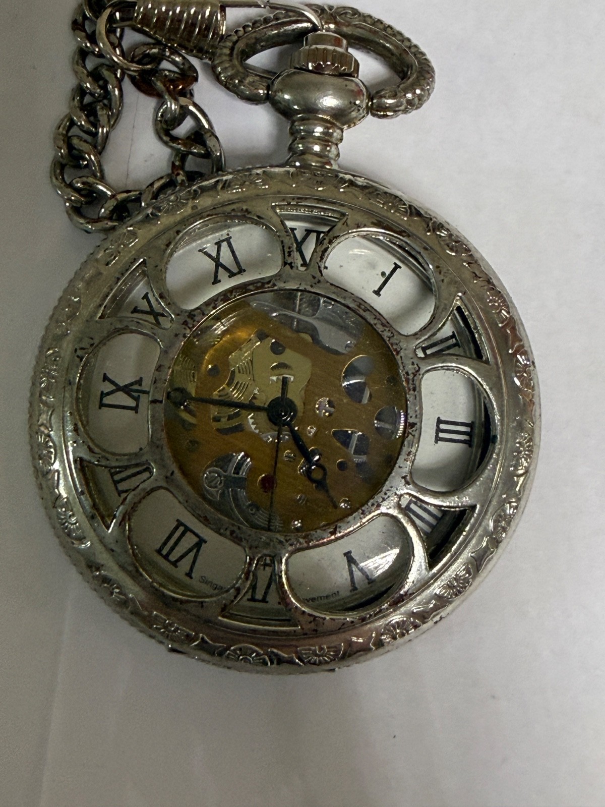 Vintage Skeleton Pocket Watch Roman Numerals Mechanical Style Singapore Movement