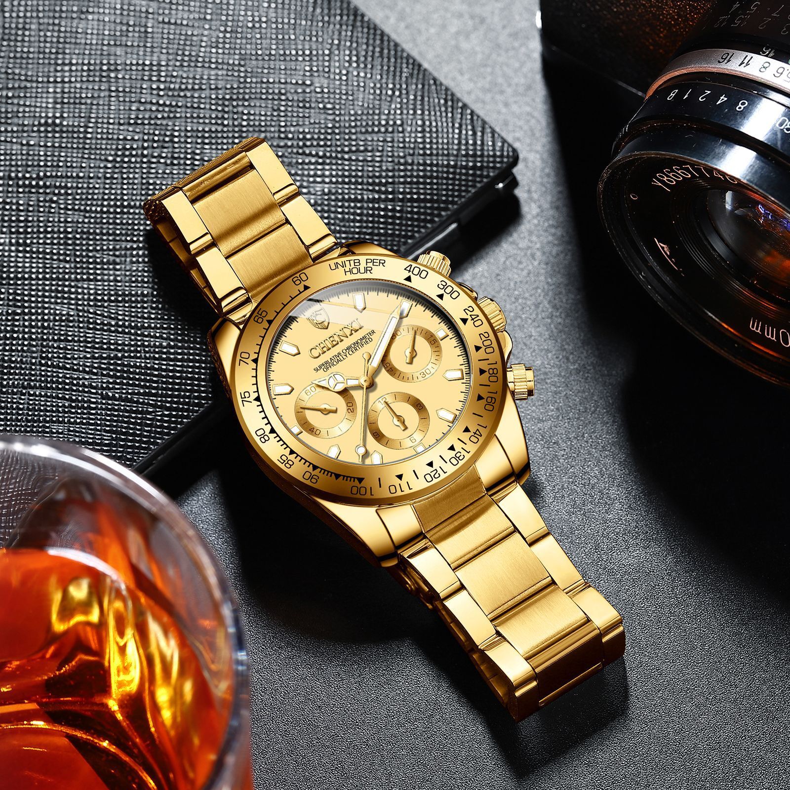Men Gold Stainless Steel 30m (3 atm) Waterproof 3 Decoration Dials Quartz Watch