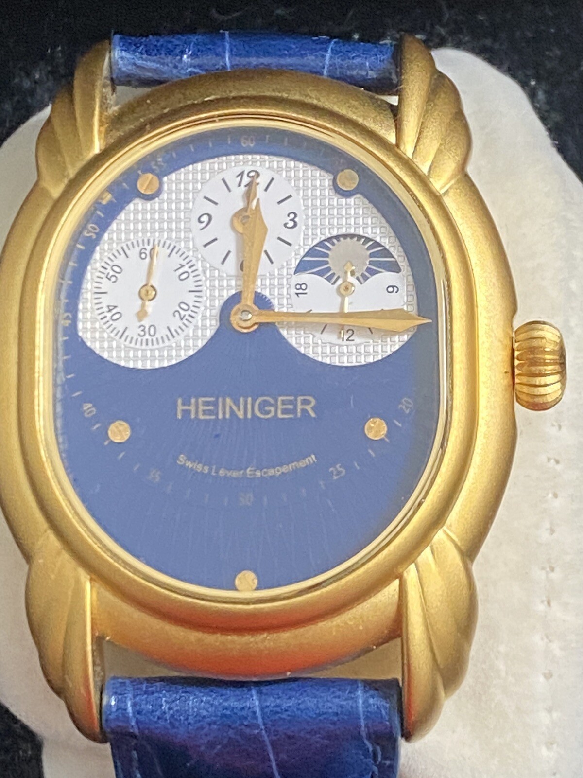 Heiniger Mechanical Watch Swiss Lever Escapement Brass Housing Blue Leather band